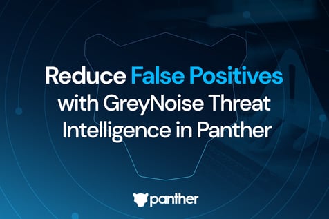 A Panther-themed design with the text "Reduce False Positives with GreyNoise Threat Intelligence in Panther"