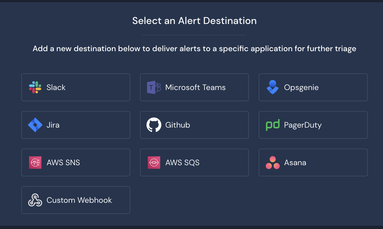 An array of alert destinations: Slack, Microsoft Teams, Opsgenie, Jira, GitHub, PagerDuty, AWS SNS, AWS SQS, Asana, and Custom Webhook