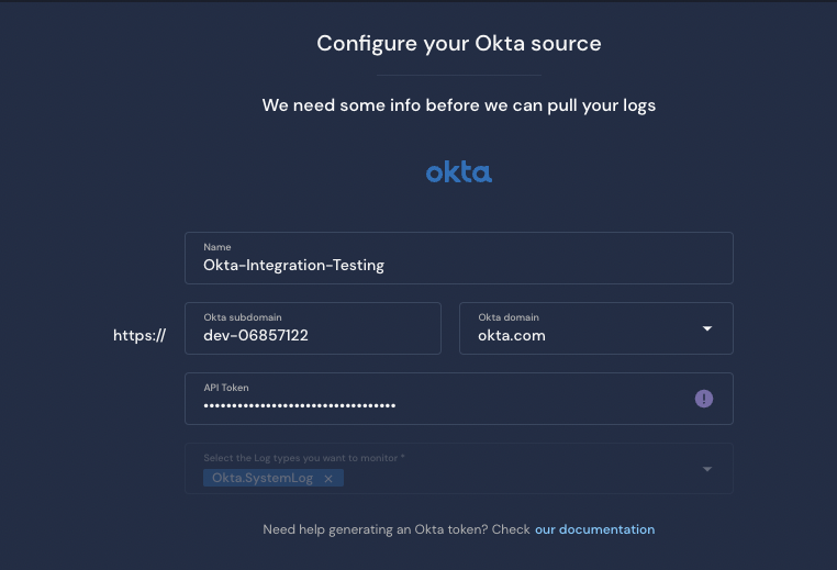 Screenshot of Okta log source onboarding showing fields for the log source name, Okta subdomain, and API token.