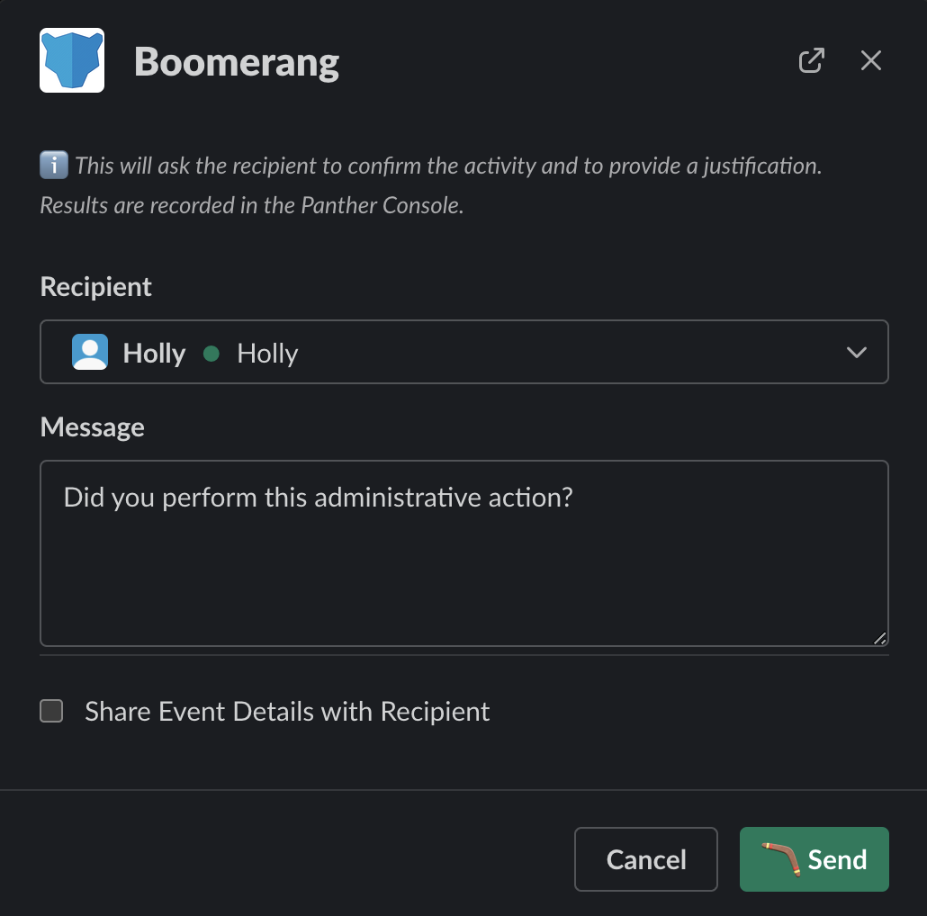 Screenshot of a Slack dialog box allowing the selection of a recipient, custom message, and checkbox to share event details