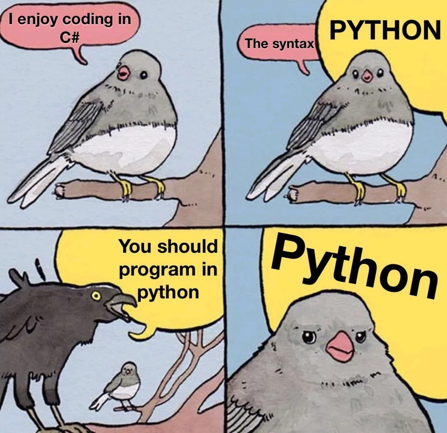 A short comic, making fun of how annoying Pythonistas can be in the love they have for Python.