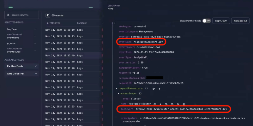 The AssociateAccessPolicy event shows the policyArn field confirms the access entry is associated with an AmazonEKSClusterAdminPolicy.